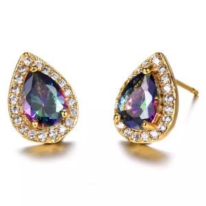 Yellow Gold Mystic Topaz Pear Halo Stud Earrings
